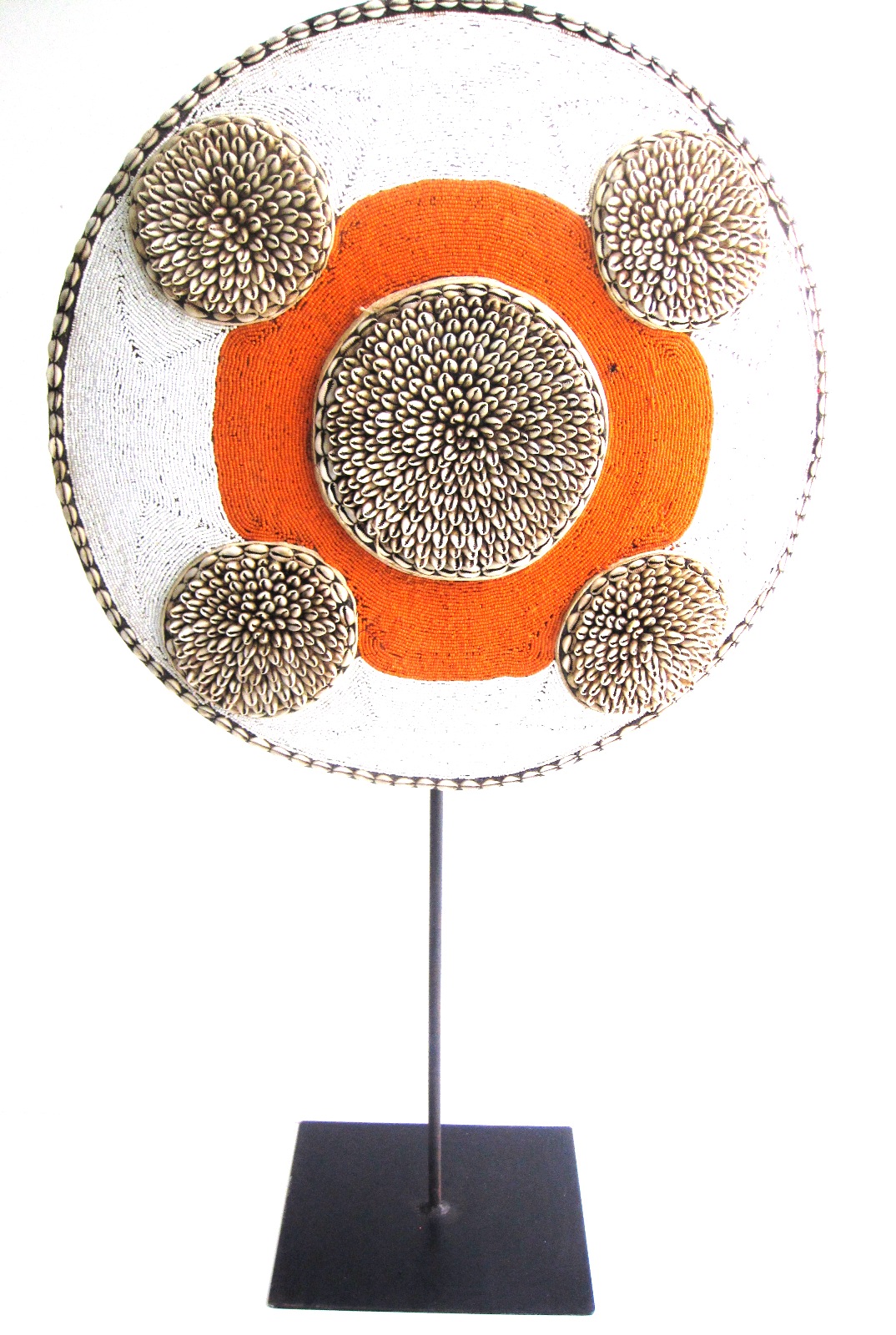 Shield w Orange & White Beadwork and Cowrie Shells